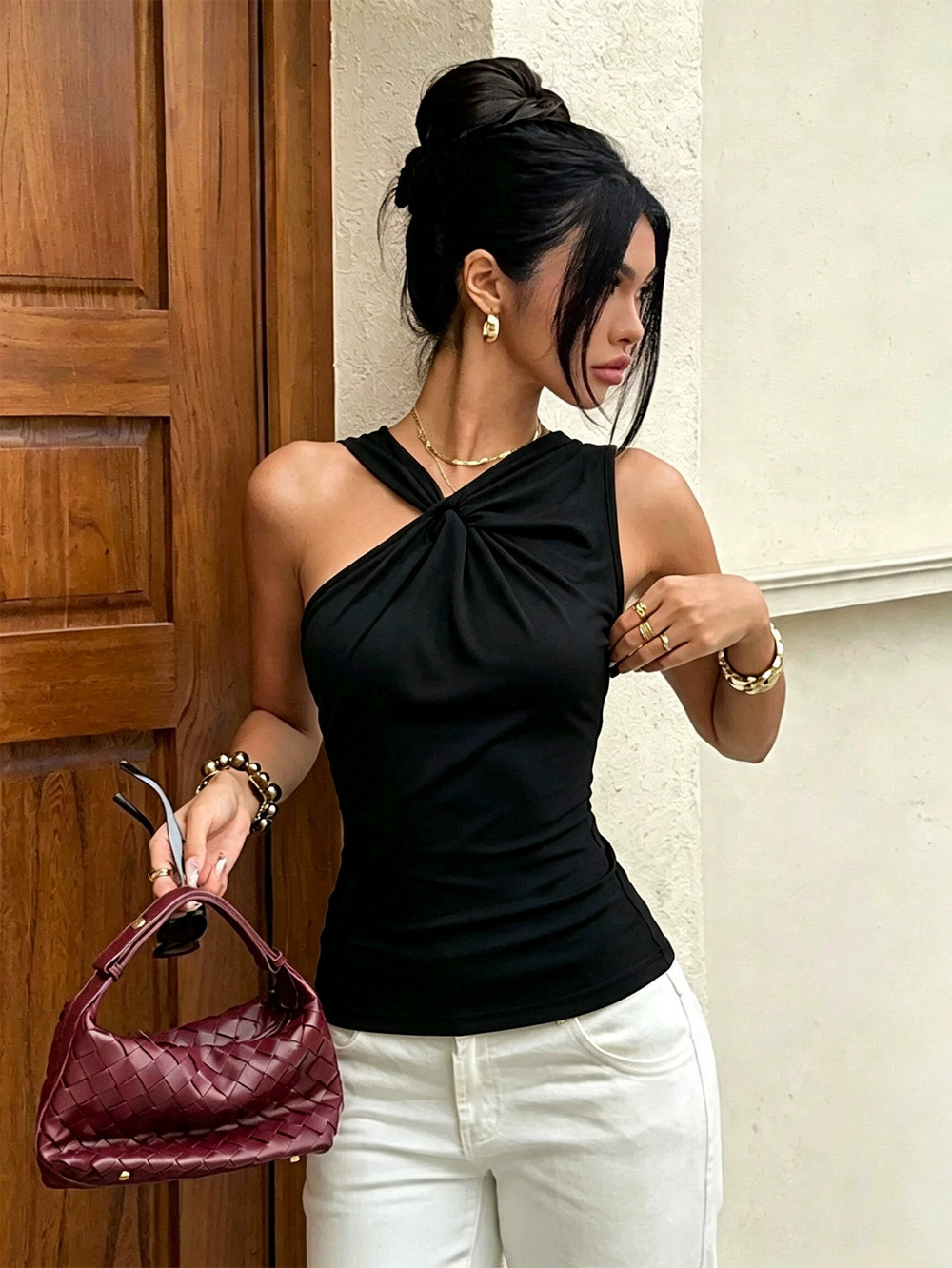 ZARA Summer Sleeveless Twist One Shoulder Top Solid Pleated Waist Slimming